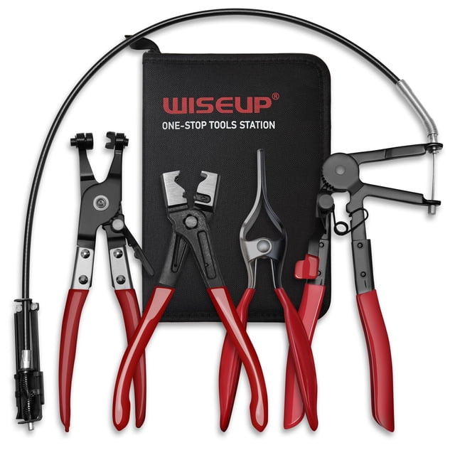 WISEUP 4PCS Hose Clamp Pliers Set - Includes 27" Long Reach Wire Spring Plier, Clic-R Type Pliers, Hose Remover & Flat Band Clamp Tool - fo