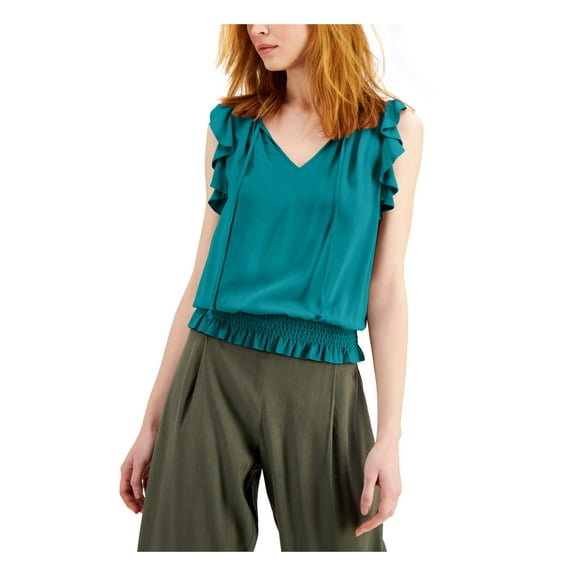 I.N.C Womens Smocked Ruffled Blouse, Green, Medium