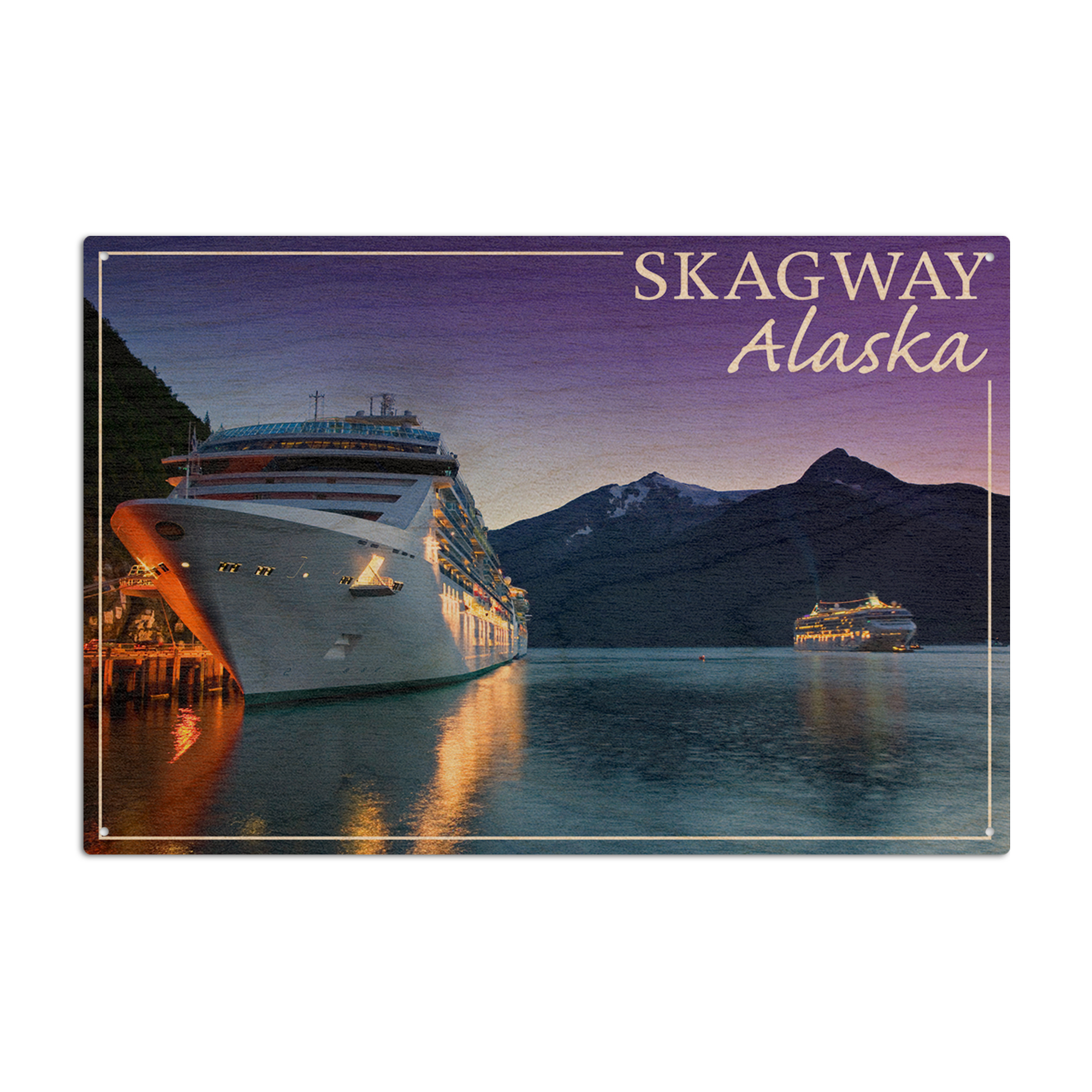 Skagway, Alaska, Cruise Ship and Sunset Birch Wood Wall Sign (6x9