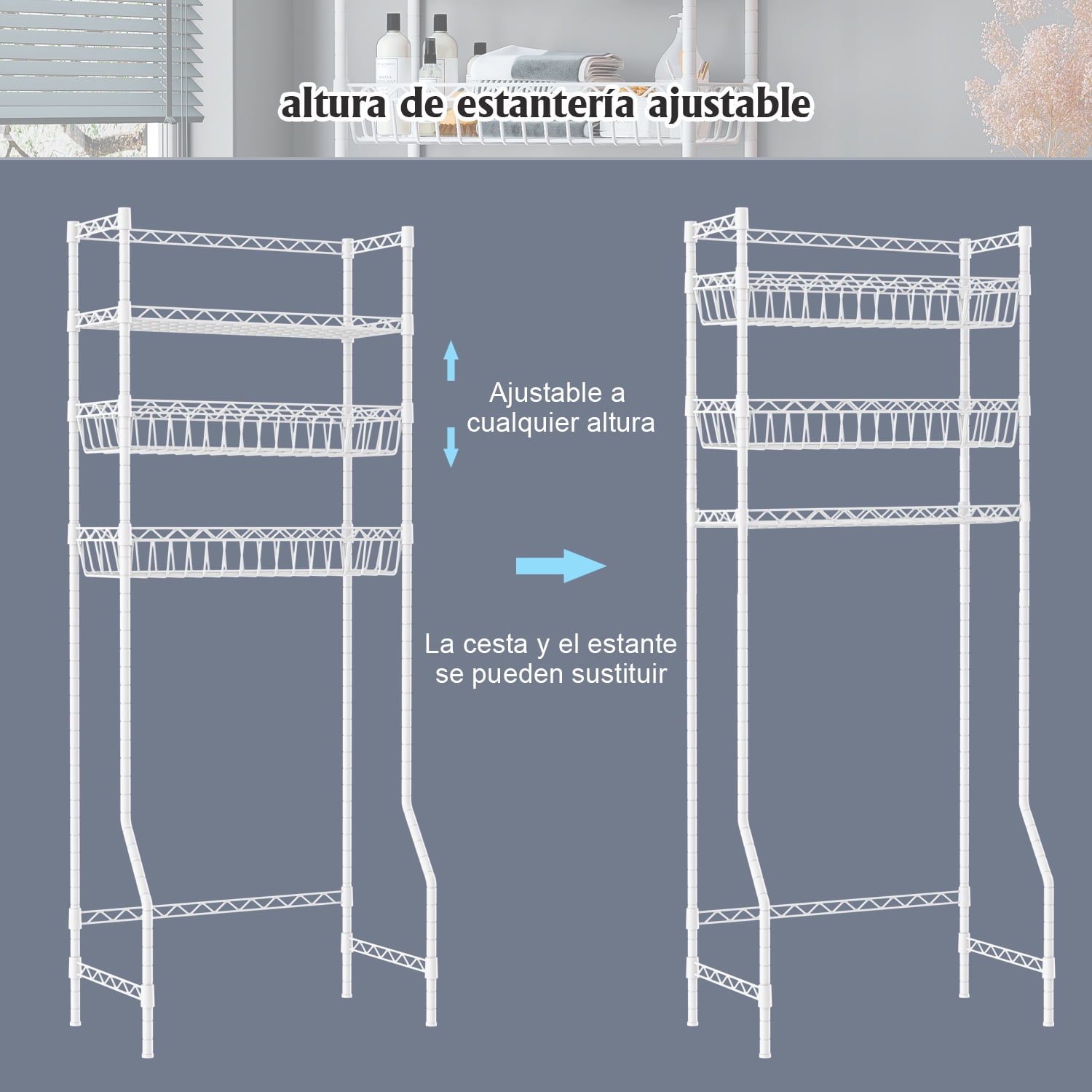 Untyo 3 Tier Over the Toilet Storage Rack Bathroom Storage Shelf Space Saver Stand Above Toilet with Adjustable Shelves and Baskets