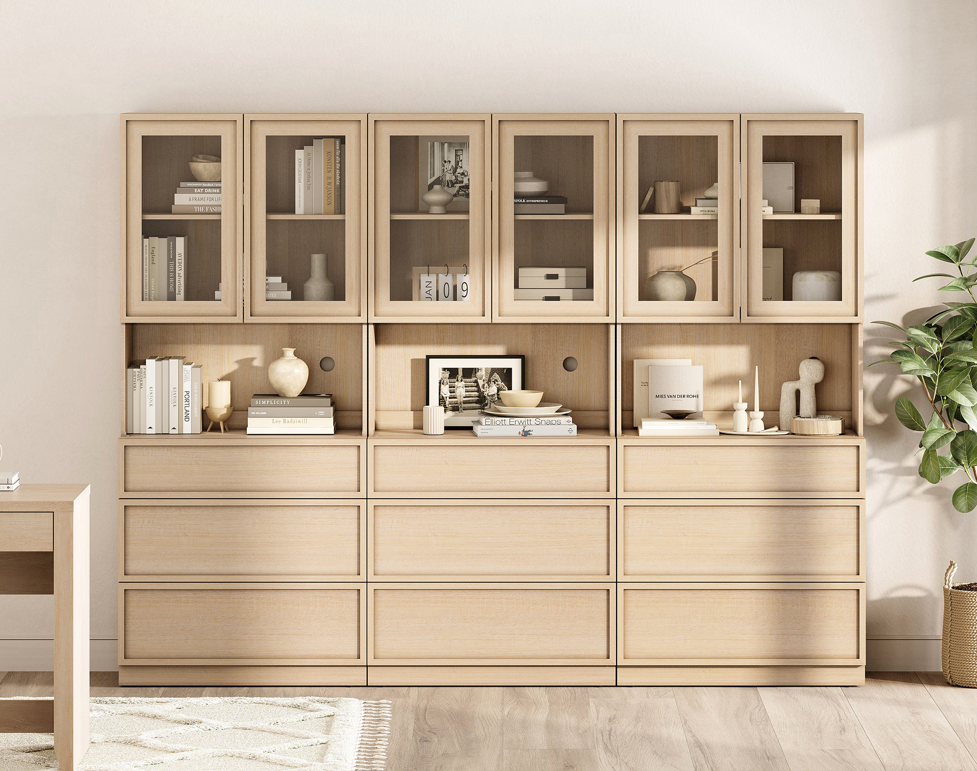 Modern 72" Tall Bookshelf with 9 Drawers and Book Shelves, Library Bookcase with Storage Cabinet and Glass Display Shelves,Beige