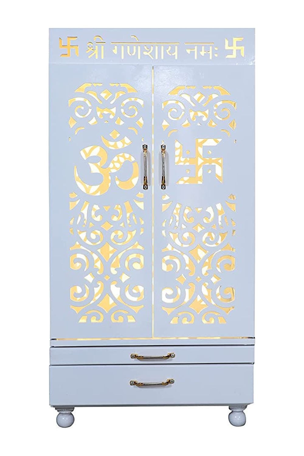 LEDlit Designer White Wooden Home Temple with Doors, and