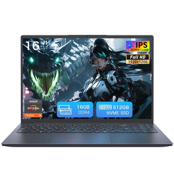 Auusda 16" Business Laptop, Win11 Pro Laptop Computer, Ryzen 7430U, 16GB RAM 512GB SSD, Backlight, Fingerprint, Gray