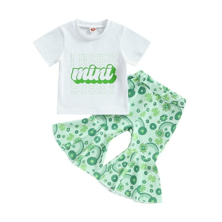 

Frobukio St.Patrick s Day Toddler Baby Girls Outfits Short Sleeve Letter Print Tops Clover Print Flared Pants Sets White　6-12 Months