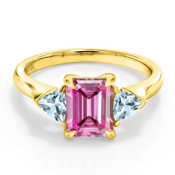 Gem Stone King 18K Yellow Gold Plated Silver 3-Stone Ring Emerald Cut Pink Moissanite and Aquamarine Sky Blue | 2.09 Cttw | (Size 7)