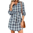 thumbnail image 3 of STARVNC Women Plaid Lapel Collar Single Breasted Tie Waist Long Sleeve Shirt Dress, 3 of 7