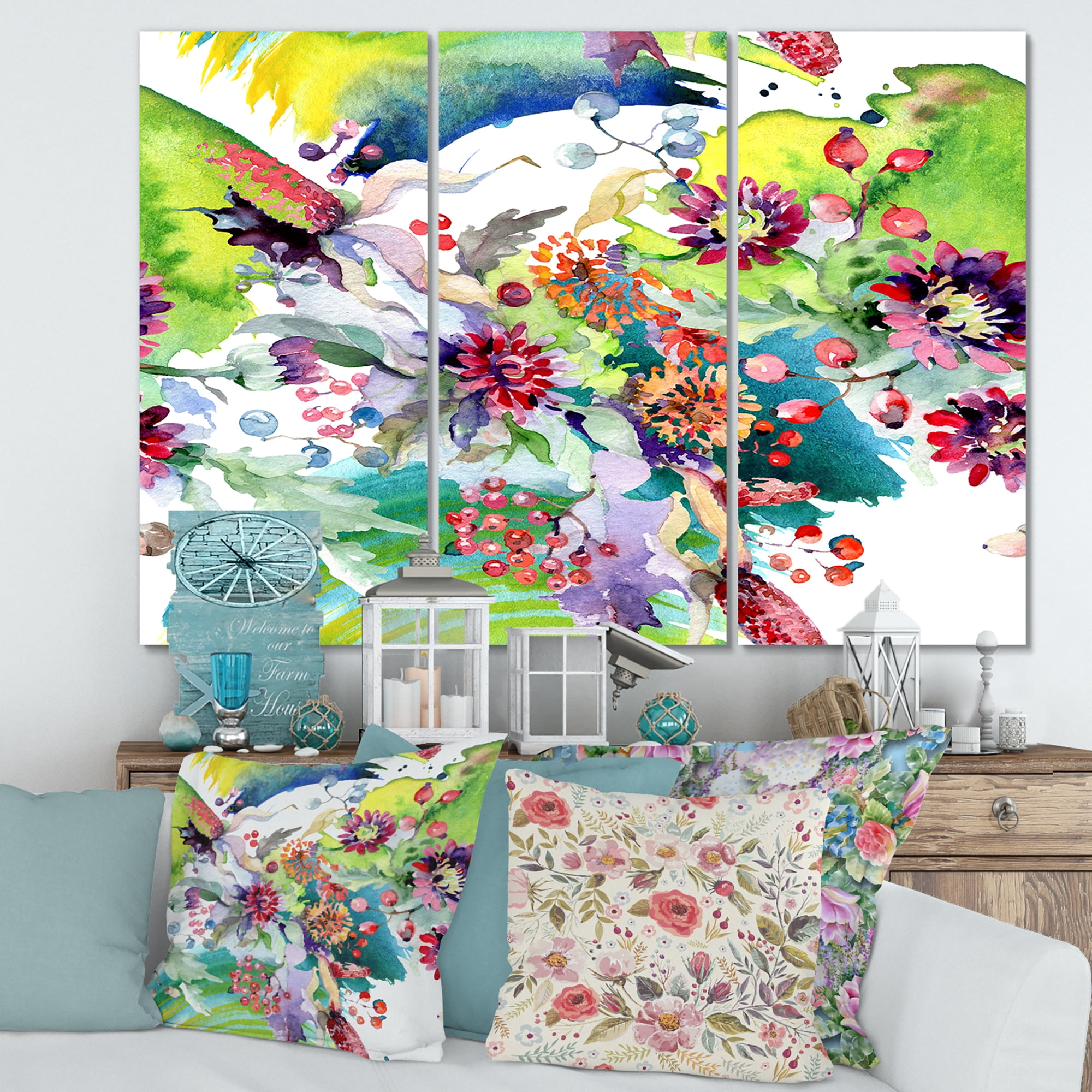 Designart ' Wildflowers and Vibrant Wild Spring Leaves X ' Modern Canvas Wall Art Print