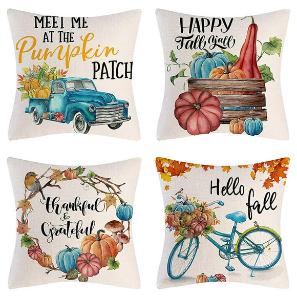 Fundas de almohada de otoño de 45 x 45 cm, fundas de cojín otoñales, juego de 4 fundas de almohada con diseño de calabaza y camión de Acción de Gracias