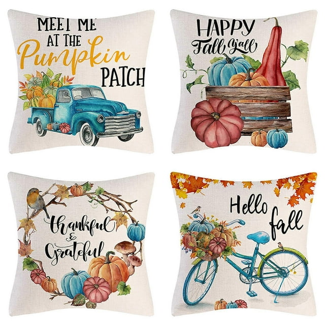 Fundas de almohada de otoño de 45 x 45 cm, fundas de cojín otoñales, juego de 4 fundas de almohada con diseño de calabaza y camión de Acción de Gracias