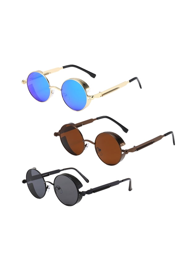 Retro Steampunk Round Sunglasses Women Men Round Glasses Retro Metal Frame-3PCS