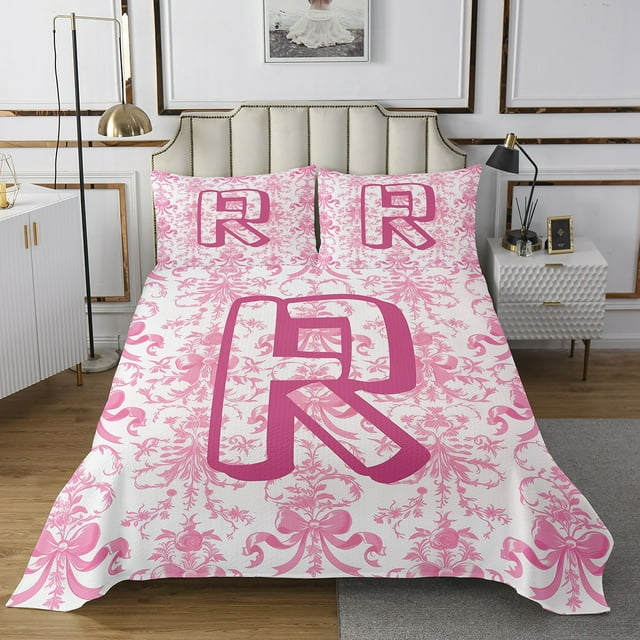 Erosebridal Ensemble de Couvre-Lit Monogrammé Simple, Ensemble de Literie Nœud Papillon Fleur, Ensembles de Couvre-Lit Lettre Initiale R Taille Simple, Décor de Chambre Léger, 2 Pcs