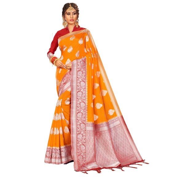 Sarees for Women Linen Banarasi Art Silk l Indian Rakhi Wedding Diwali Gift Sari with Unstitched Blouse Orange