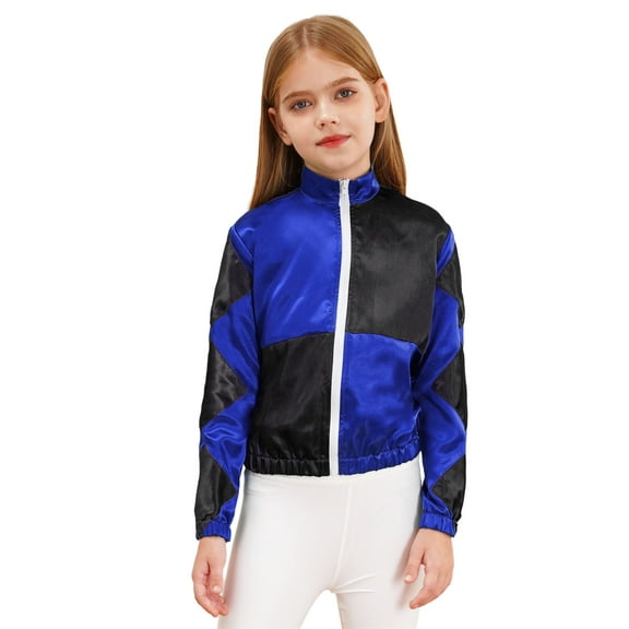 iiniim Girls Horse Racing Jacket Color Contrast Coat Long Sleeve Zipper Top for Kids Riding Show Royal Blue 14