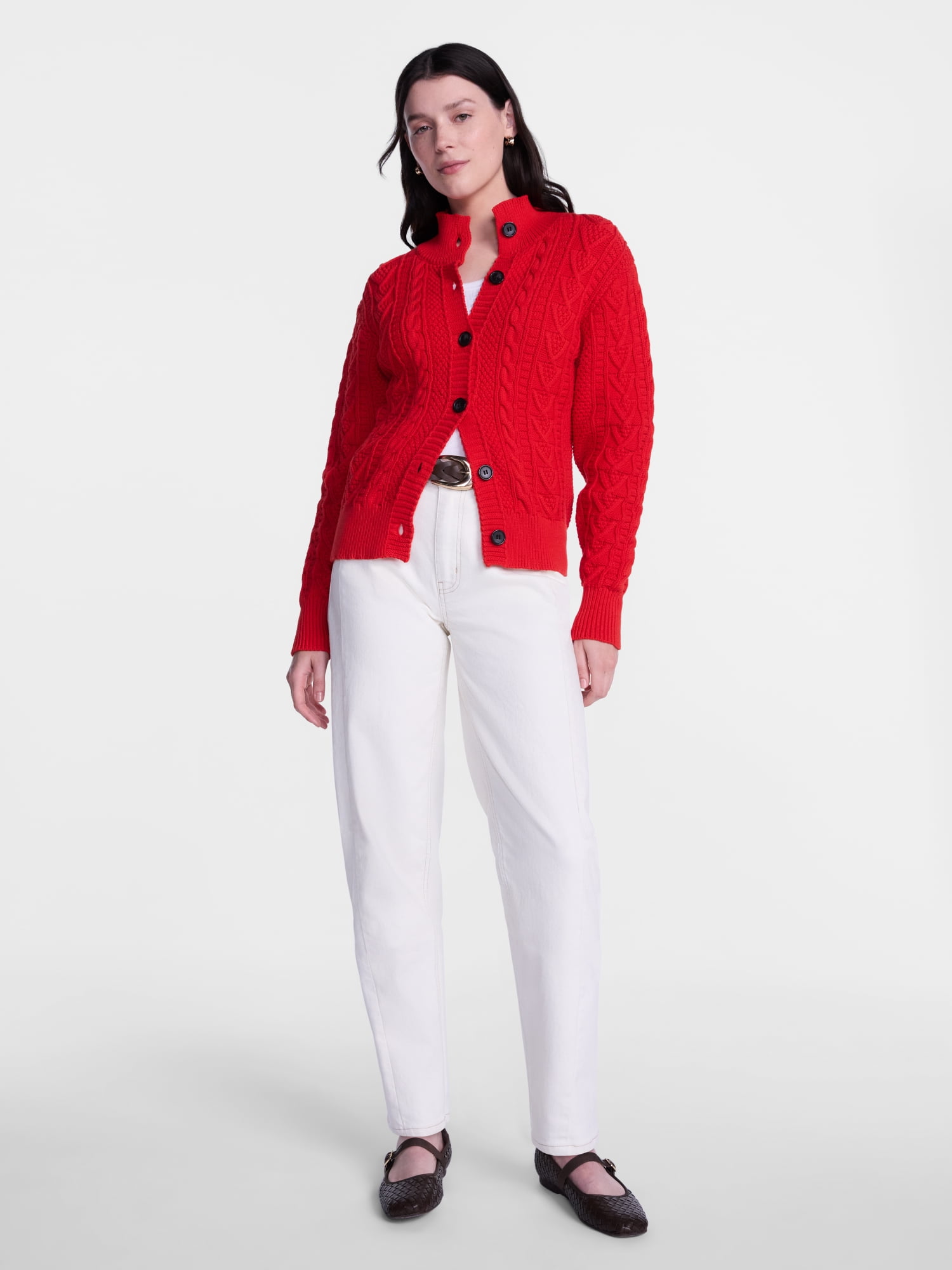 Scenario Woman's Cable Cardigan Sweater with Long Sleeves, Mid-weight, Sizes XS-XXXL