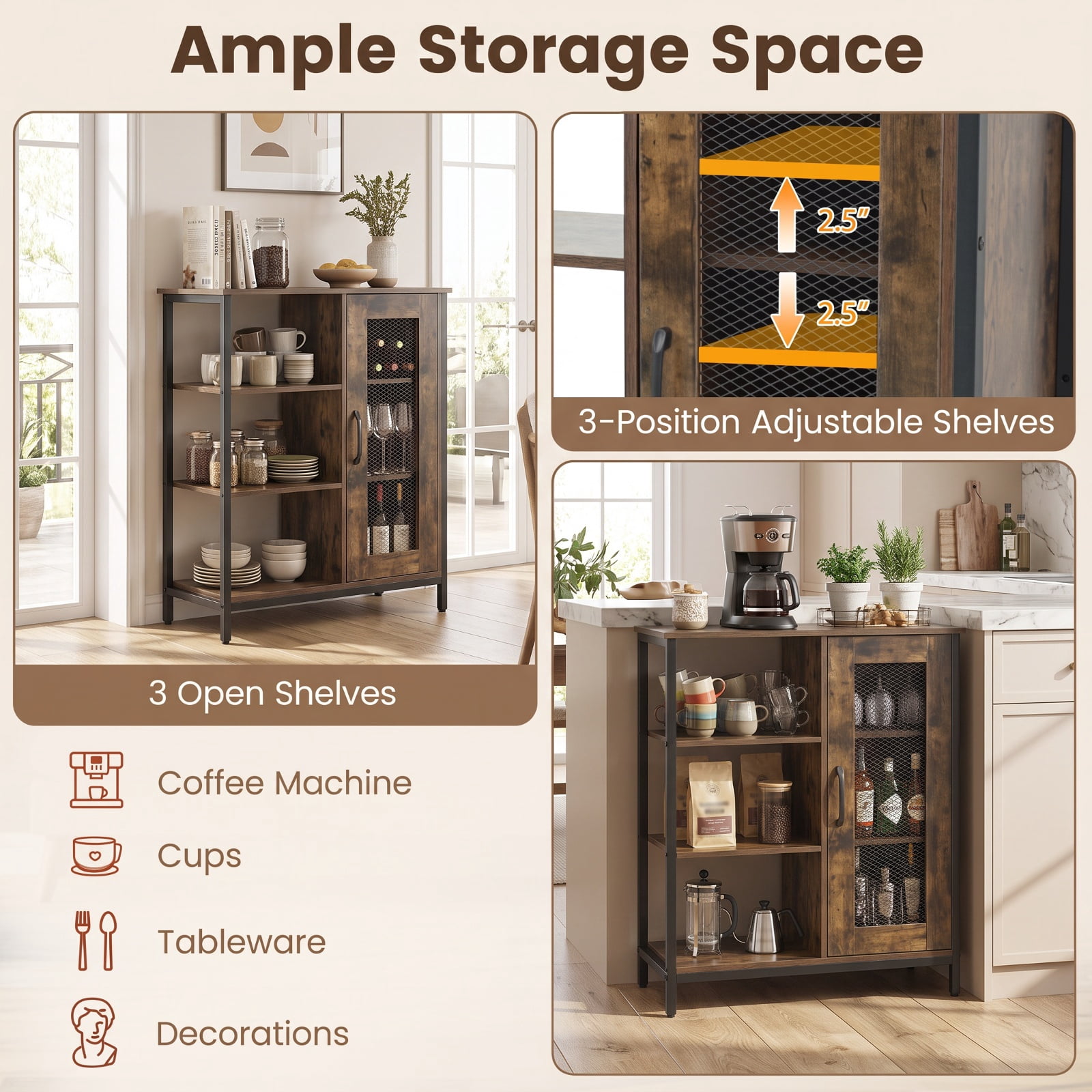 Furnibear Industrial Side Cabinet with Metal Mesh Door and 3 Open Shelves Narrow Storage Buffet Sideboard for Kitchen and Living Room, Rustic Brown