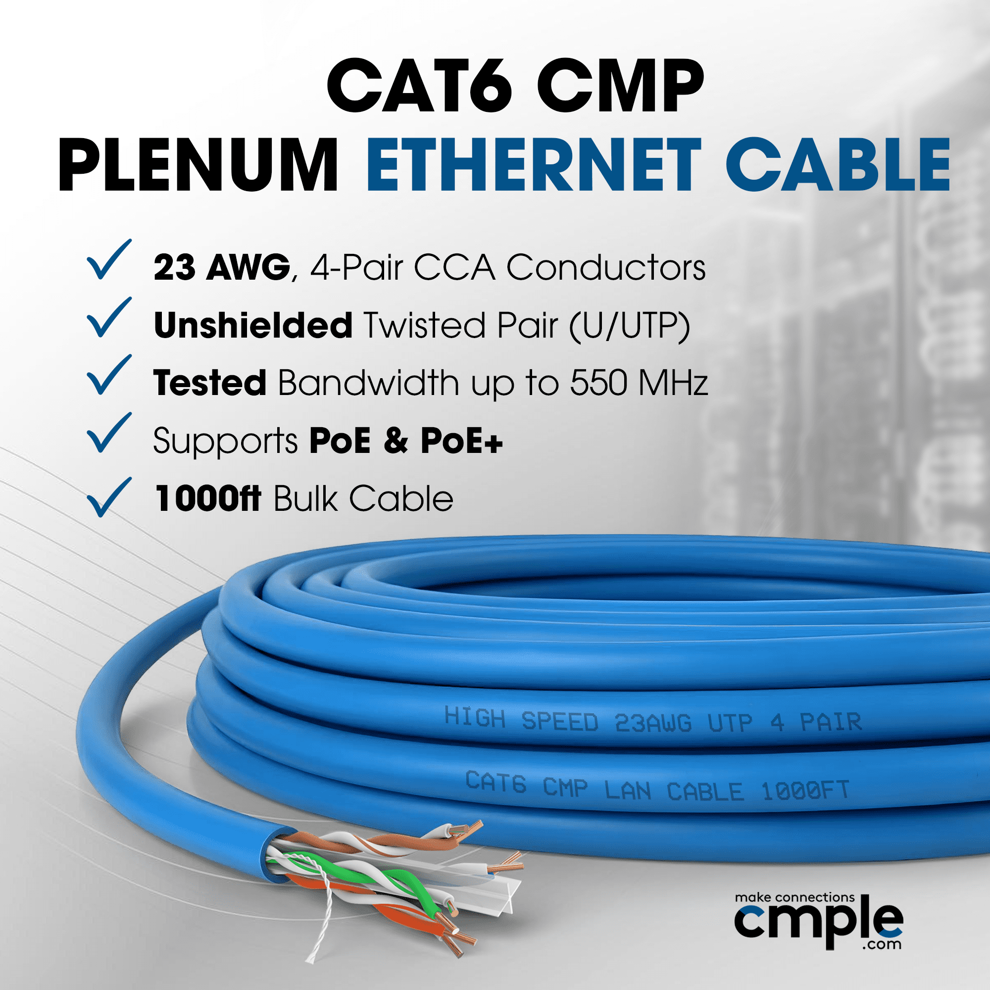 Cmple - Cat6 Ethernet Cable 1000ft Bulk CMP Plenum Rated, 23AWG 550MHz LAN Cable for Gigabit Network, PoE Devices & VoIP Phones - Blue