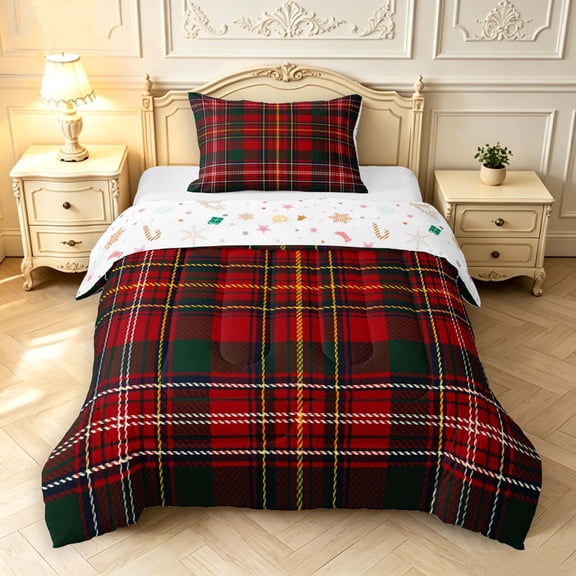Manfei Modern Checkered Twin Comforter Sets,Geometric Check Bedding Set,Red Green Black,Christmas Reversible,2-Piece,1 Comforter and 1 Pillowcase,2-Piece,1 Comforter and 1 Pillowcase