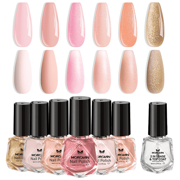 Morovan 7Pcs Pink Nude Nail Polish Set with 2 IN 1 Base and Top Coat,Nail Art Home DIY Fingernail Polish Gift Set for Women