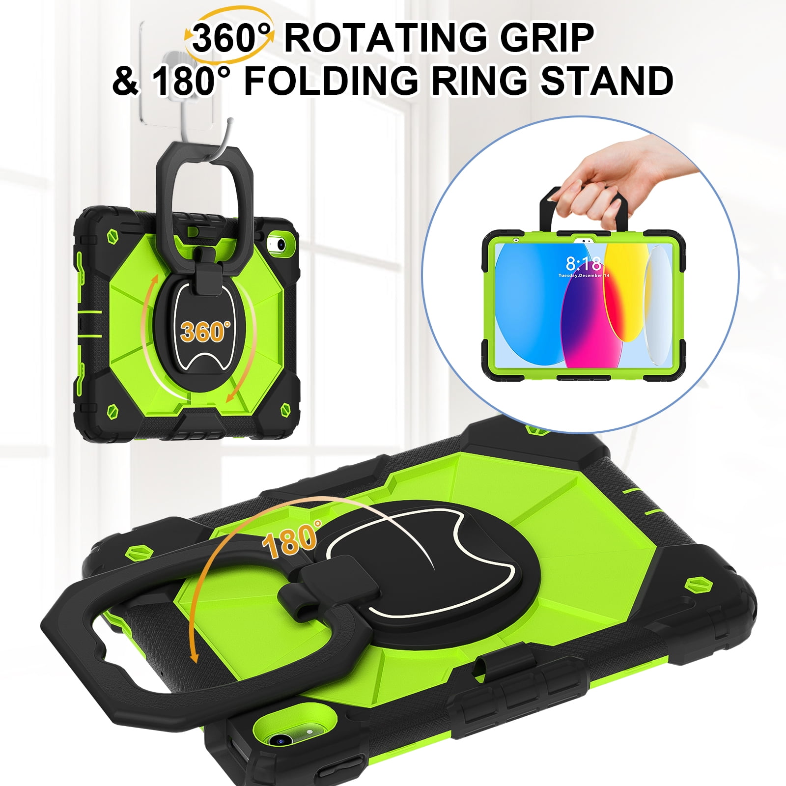 ELEHOLD Heavy Duty Case for  Apple iPad 11th(A16) 2025, 3-Layer Rugged 360 Rotating Kickstand Handle Grip Detachable Shoulder Strap Kids Friendly Shockproof Case for Apple iPad 11th, Black+Green