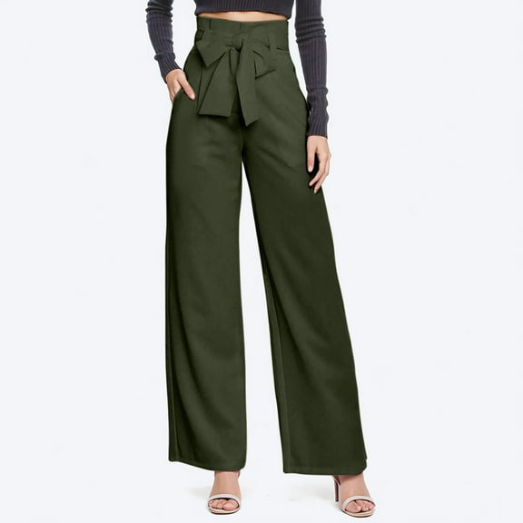 Women's High Waisted Wide Leg Pants Trousers Slacks with Bow Detail Solid Color Stretchy Flowy Casual Business Work Office Lounge Wear Travel Essentials | Aestivo,Army Green L