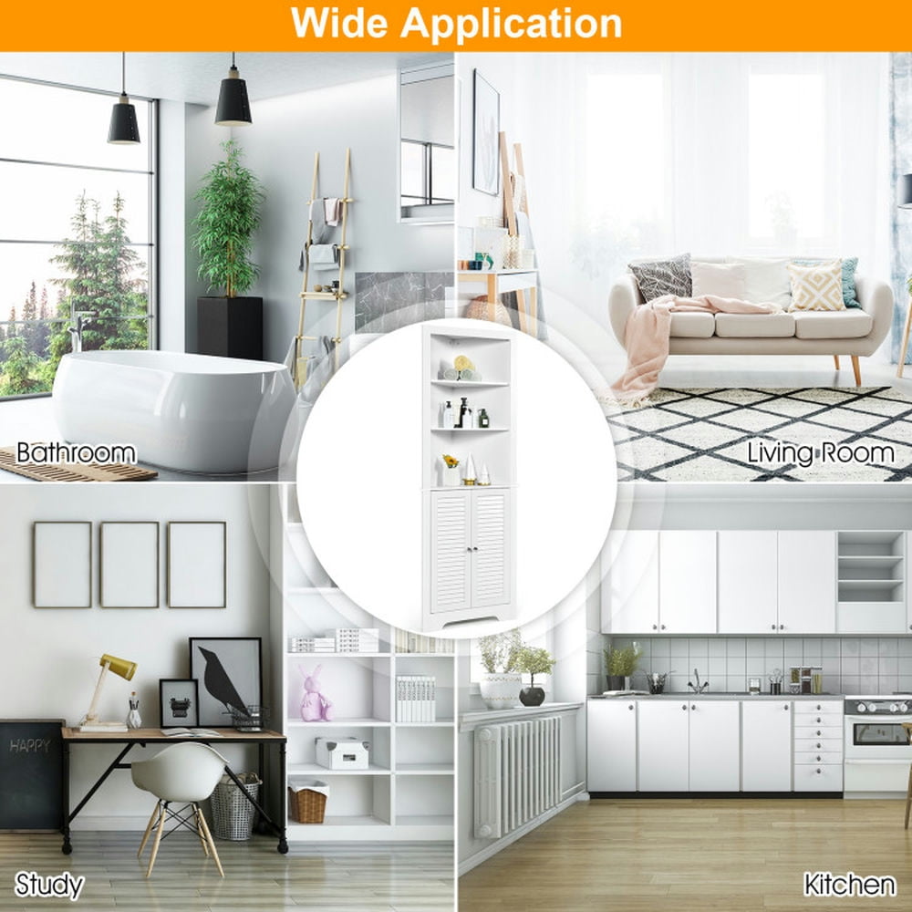 Finihen Bathroom Storage Cabinet, Bathroom Floor Cabinet, Free Standing Tall Bathroom Corner Storage Cabinet with 3 Shelves, for Bathroom, Living Room, Bedroom, Kitchen, White Finihen Bathroom Storage Cabinet, Bathroom Floor Cabinet, Free Standing Tall Bathroom Corner Storage Cabinet with 3 Shelves, for Bathroom, Living Room, Bedroom, Kitchen, White