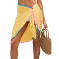 thumbnail image 5 of Women Pom Pom Trim Short Sarongs Beach Wrap Semi-Sheer Swimwear Cover Ups Skirt, 5 of 8