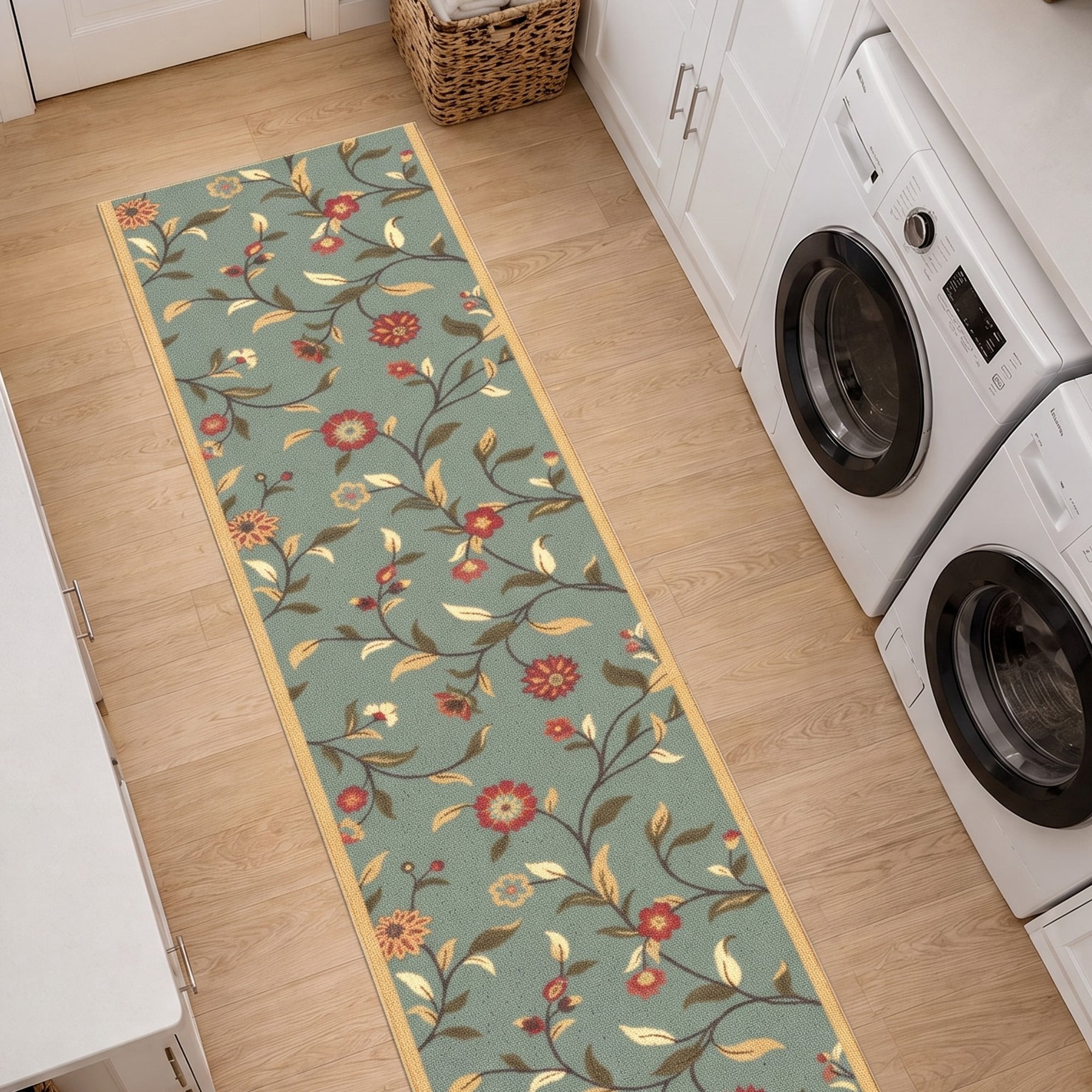 Ottomanson Extra Long Runner Rug 2'7" x 19' – Non-Slip Low Pile Hallway Carpet, Floral Seafoam Green