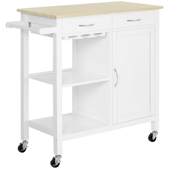 HOMCOM Kitchen Island, Rolling Kitchen Cart with Storage, Bar Cart with 2 Drawers, Storage Cabinet, Open shelves, Wine Glass Rack, Towel Rack, White