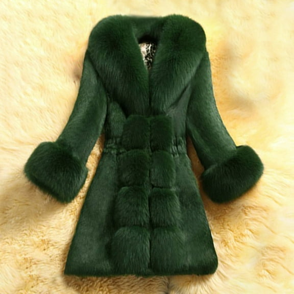 Shldybc Women Faux Furs Winter Coat Jacket Luxury Faux Furs Coat Slim Long Sleeve Collar Coat Faux Furs Coat Overcoat-Green - Fall/Winter Clearance