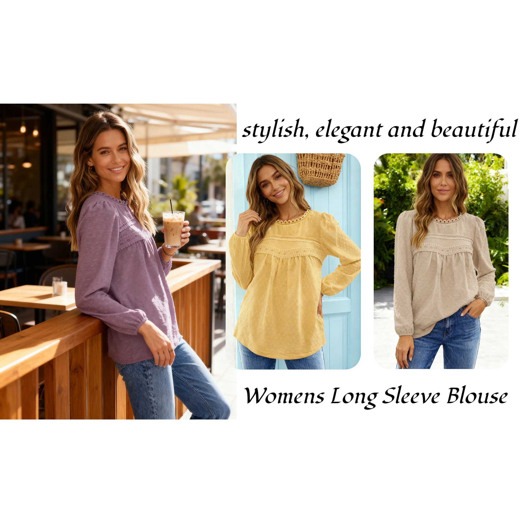 UVN Women's Fall Lace Crochet Crew Neck Blouse, Yellow photo 6
