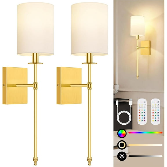 Nordic Hygge 24.8 Inch Battery Operated Wall Sconces Set of 2 with Remote Control, Gold