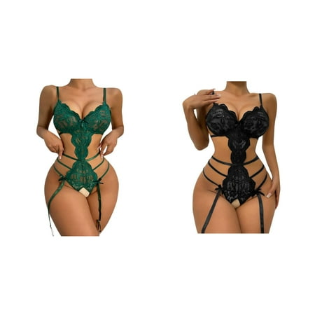 (2-Pack) Kcodviy Women Snap Crotch Lace Apron Lace Bodysuit Deep I Love Daddy V Teddy Lace Push Womens Stockings Up Bodysuit