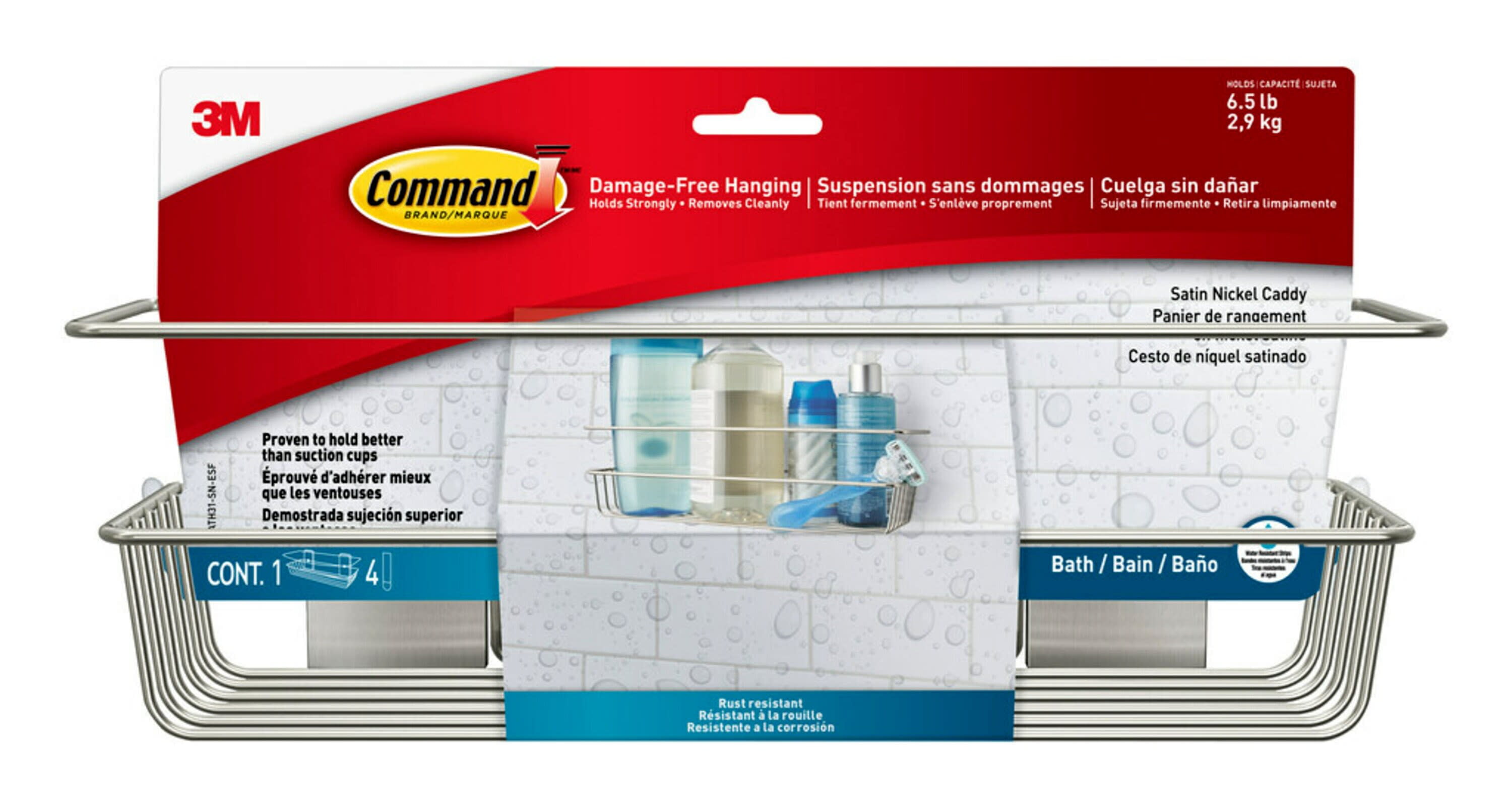 Command Bath Shower Caddy, Satin Nickel, 1 Caddy, 4 Water Resistant Strips, Bathroom Organization