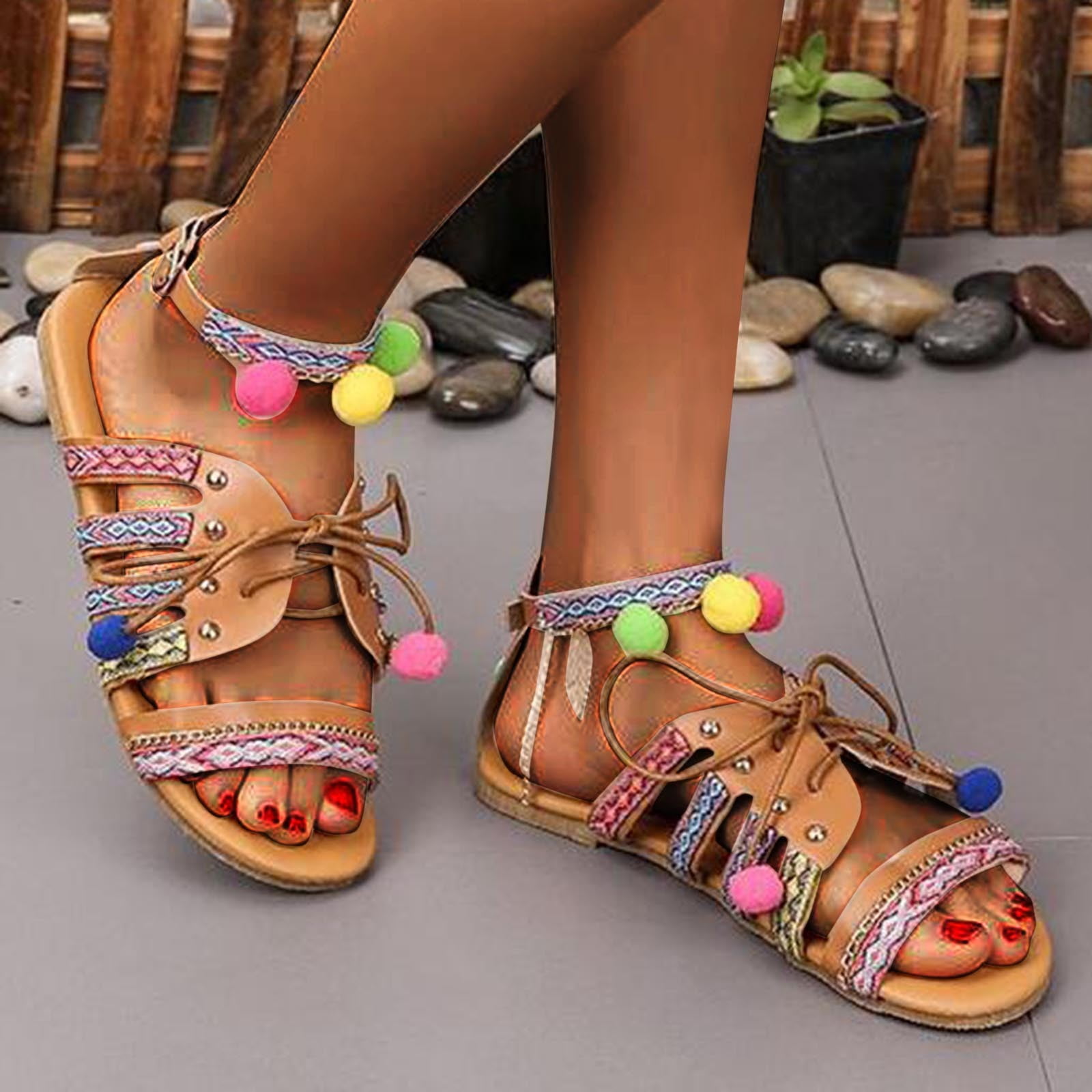 Summer Flat Sandals Woman Casual Open Toe Pompom Shoes Women Sweet Ankle Strap Flats Shoes