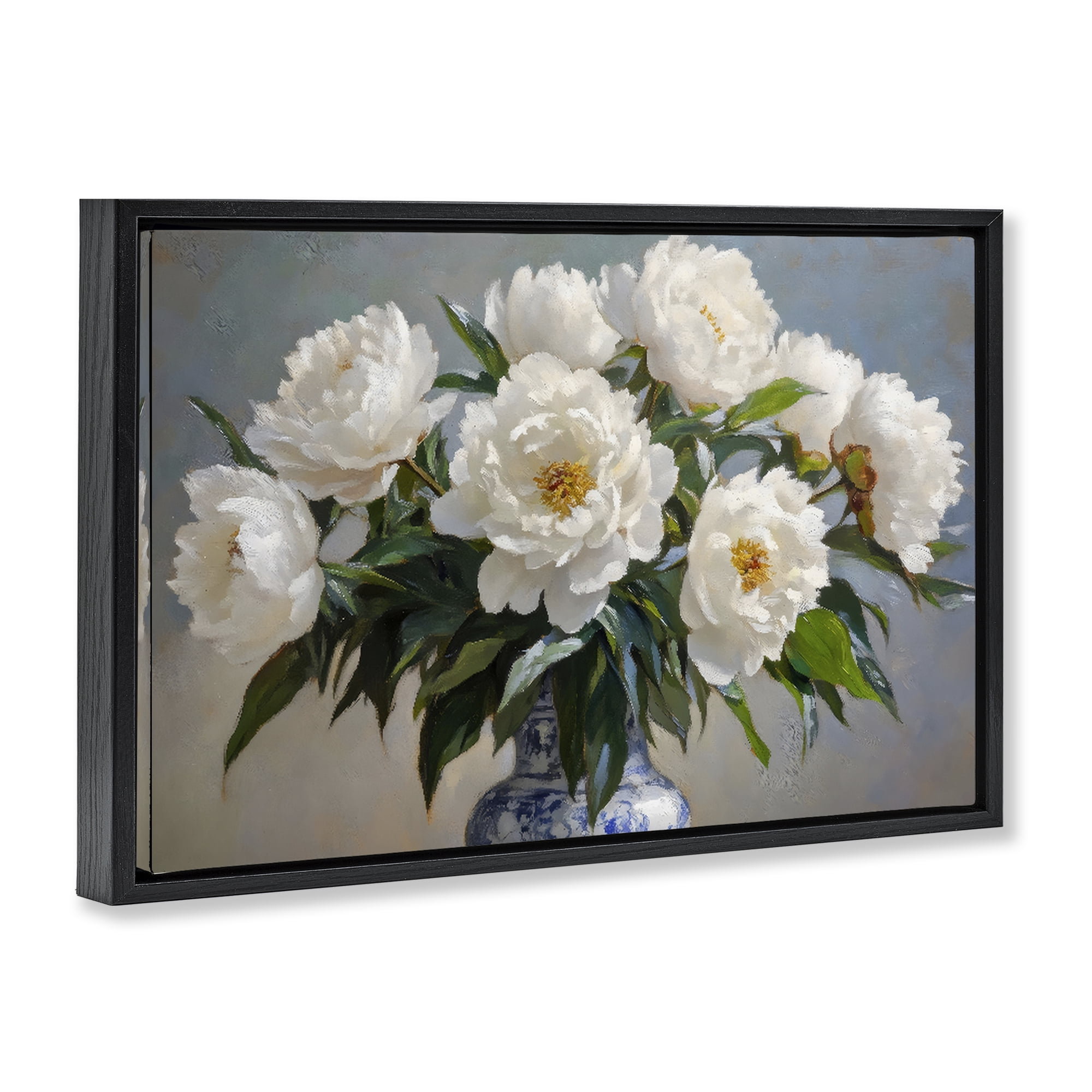 Stupell Industries In Full Bloom White Peonies Black Framed Floater Canvas Wall Art, design by Petal Prints Design