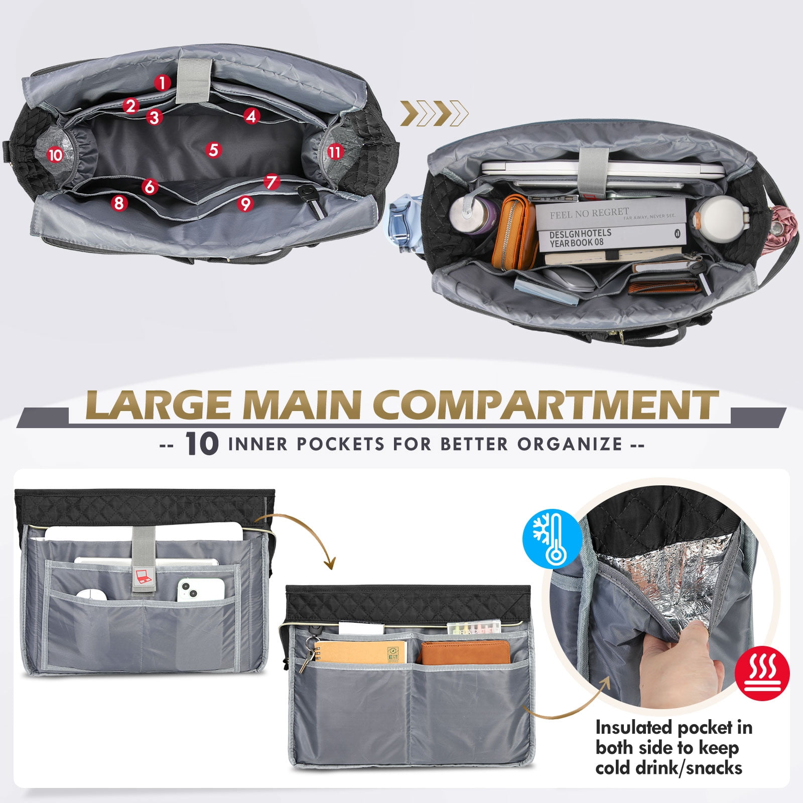 RAINSMORE Teacher Tote Bag 15.6 inch Laptop Bag for Women Work Bags Laptop Tote Nurse Bag Professional Computer Messenger with Insulated Pocket, Laptop Briefcase for Office, College, Nursing
