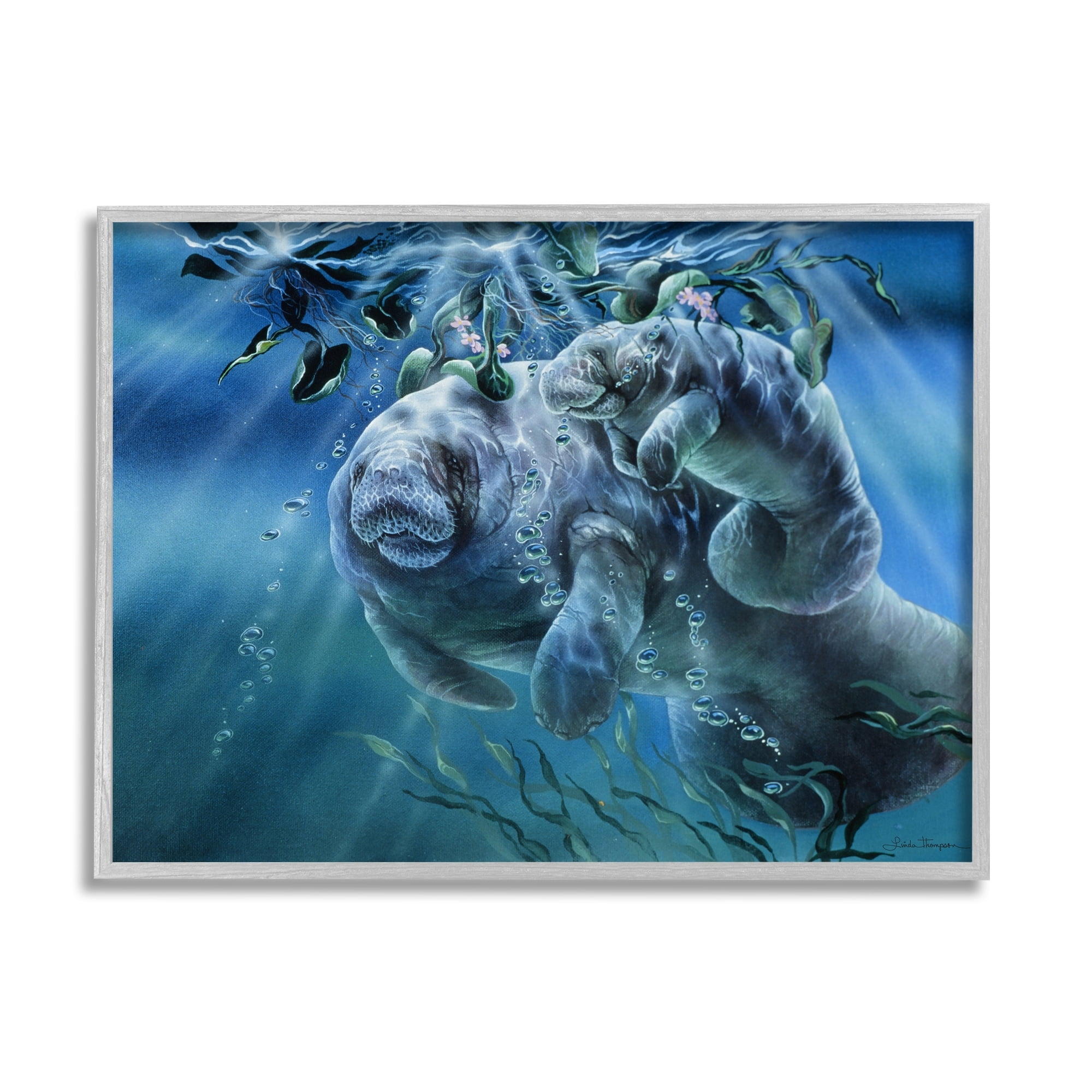 Stupell Industries Manatees Underwater Sun Rays Coastal Painting Gray Framed Art Print Wall Art