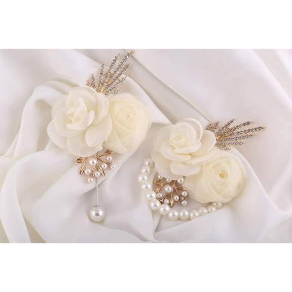 Artificial Wrist Corsage and Boutonniere Set, Bride Hand Flower, Men  Wedding Boutonniere for Wedding Party, Prom Event, Ceremony, Anniversary