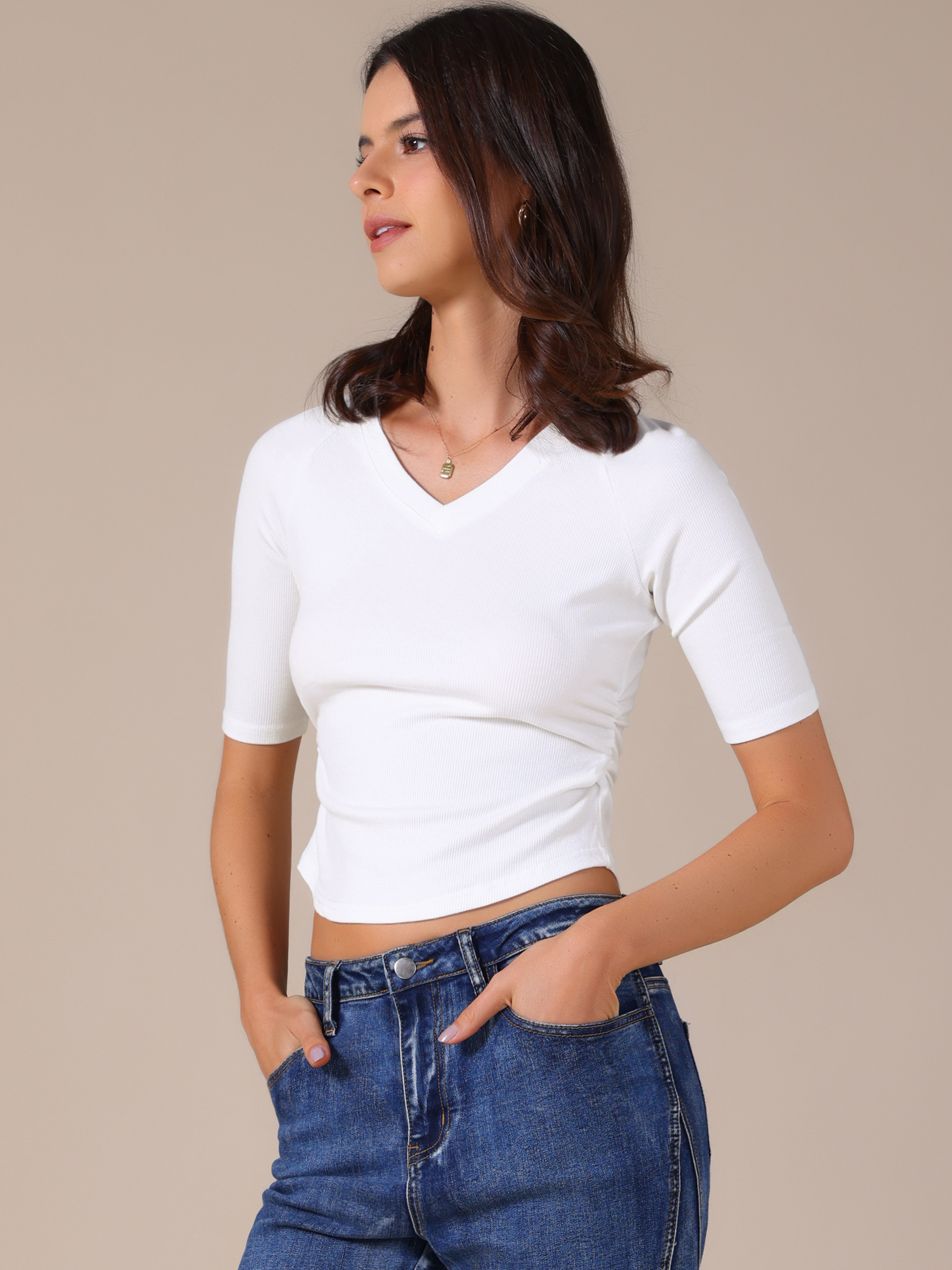 DARING DIVA Women's V Neck Short Sleeve Stretchy Lightweight Casual T-Shirt L White