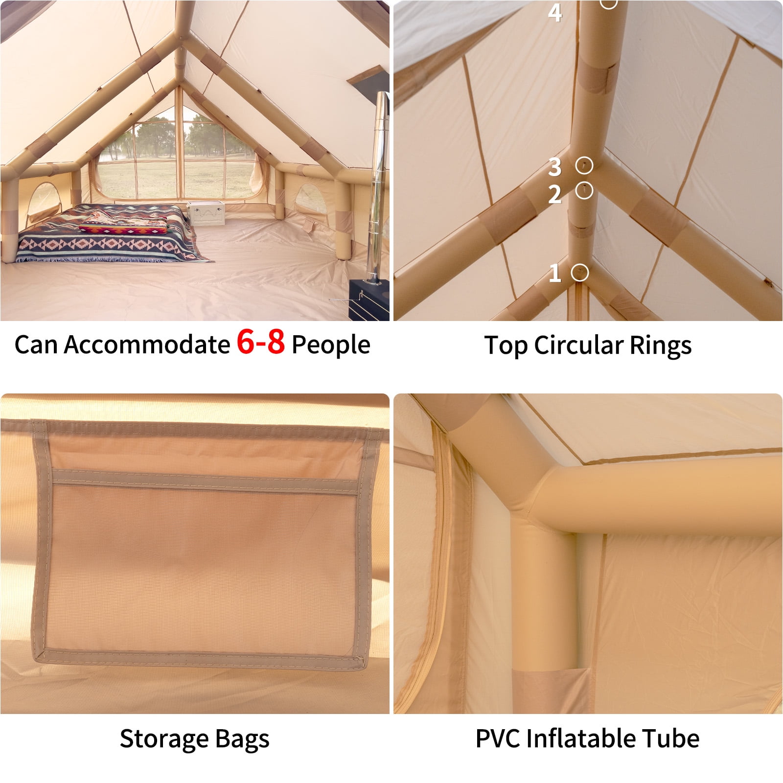 Waldmate Inflatable Camping Tent for 6-8 Person, Glamping Tent with Stove Jack Hand Pump, Oxford Waterproof Blow up Tent with Mesh Windows & Door