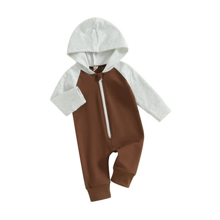 

Infant Baby Boys Casual Fall Jumpsuit Contrast Color Long Sleeve Zip Up Hooded Romper