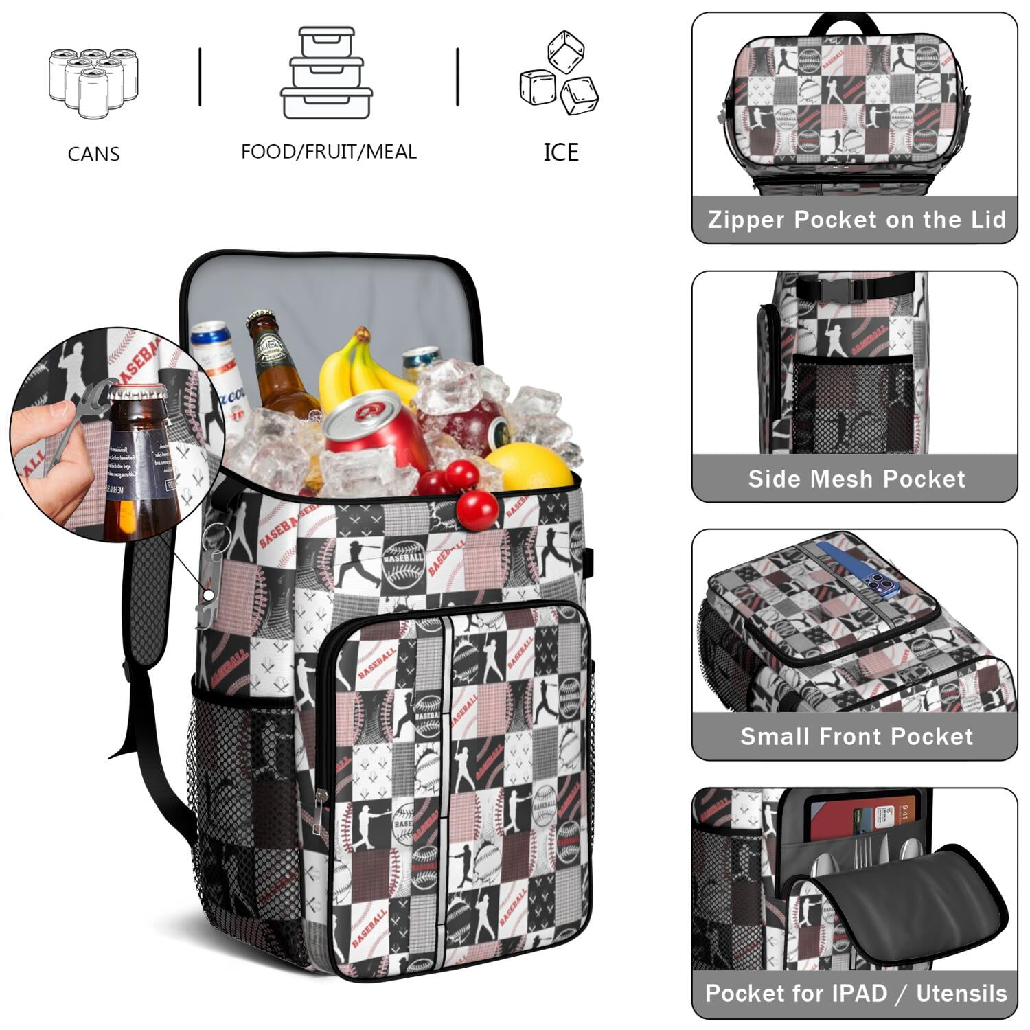 Travel Cooler Bag - Baseball Patchwork Pattern Camping Beer Cooler Backpack with Bottle Opener- Waterproof Insulated Picnic Backpacks - Cooler Bag for Beach