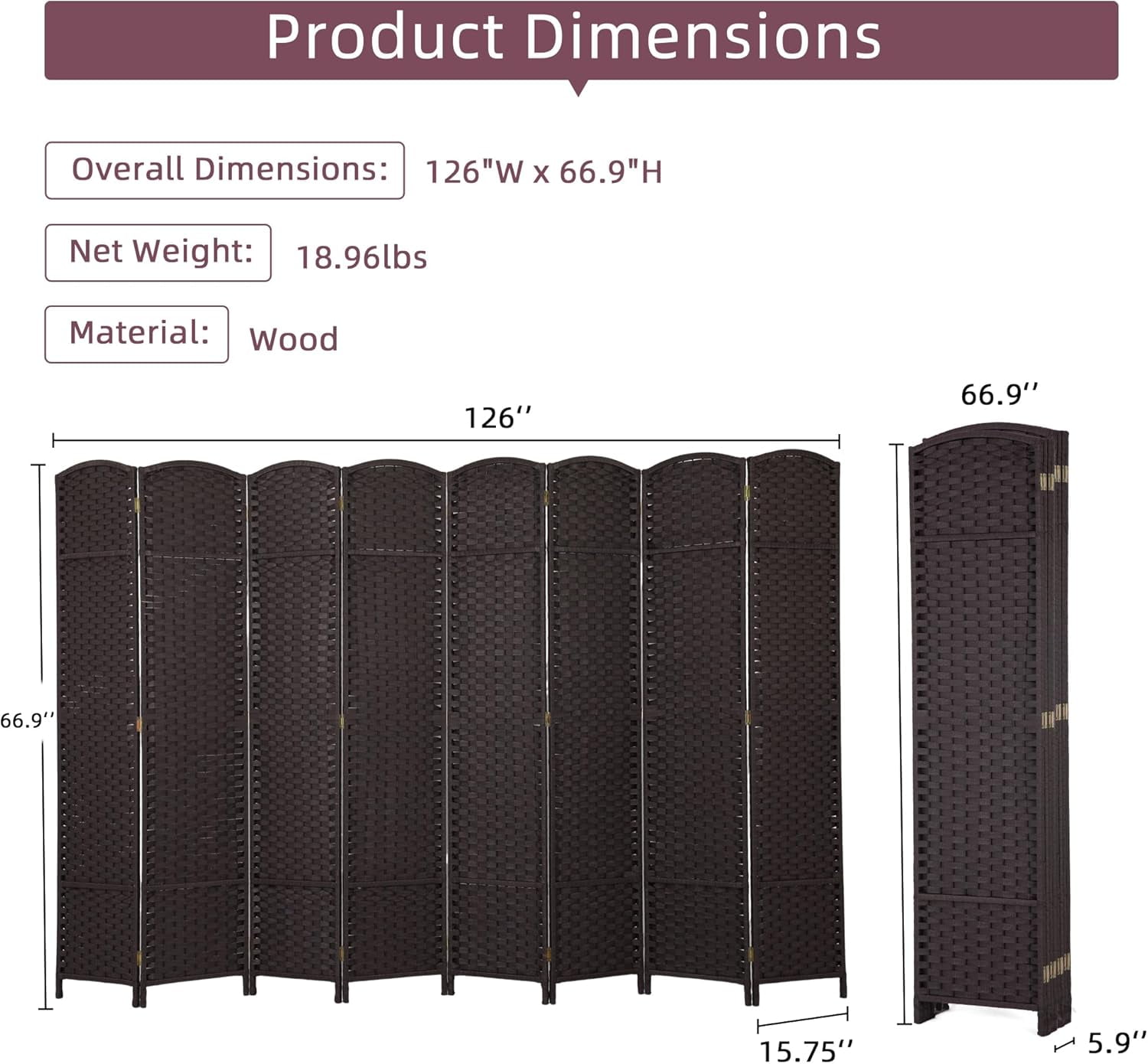 CL.HPAHKL 8 Panel Room Divider, Folding Privacy Screen 5.57 FT Tall Portable Wooden Wall Divider, Brown