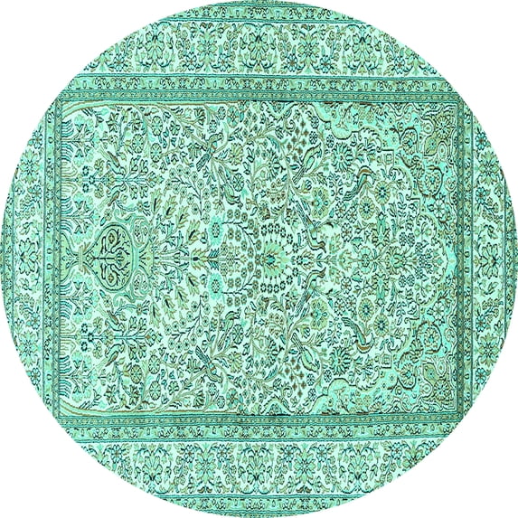 Ahgly Company Machine Washable Indoor Round Persian Turquoise Blue Traditional Area Rugs, 3' Round