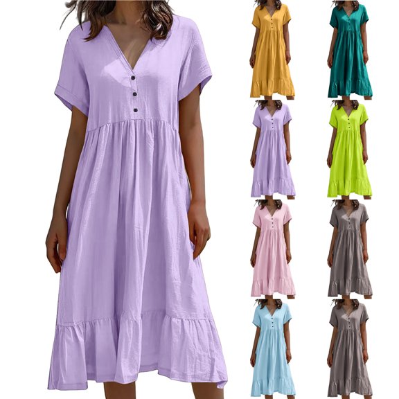 Women's Summer Dresses Fashion Solid Sleeveless V-Neck Dresses Elastic Waist Lightweight Maxi Wedding Guest Dress Party Club Summer Fashion Outfits