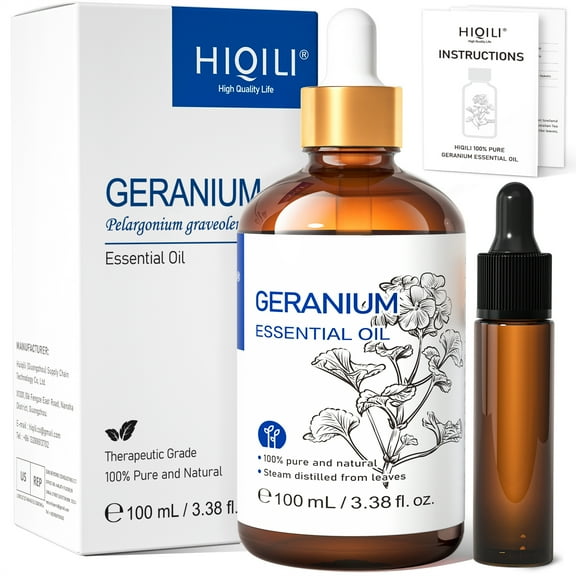 HIQILI Geranium Essential Oil for Skin, Hair, Diffuser, Body Wash, Massage, Candle Soap Making-100mL