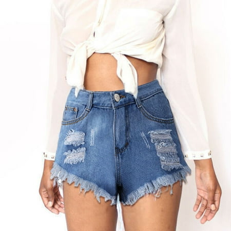 - High-waisted Blue Denim Shorts Women's Loose Shredded Jeans
