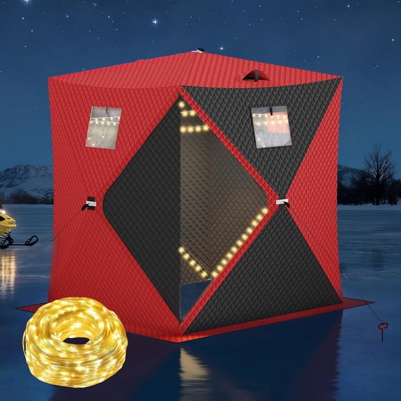 Mescukay Pop Up Ice Fishing Shelter,  Insulated Ice Fishing Tent with LED Light Strip, Windproof Portable Hub Design, Fits 1-8 People, 25-69 sq ft Fishable Area