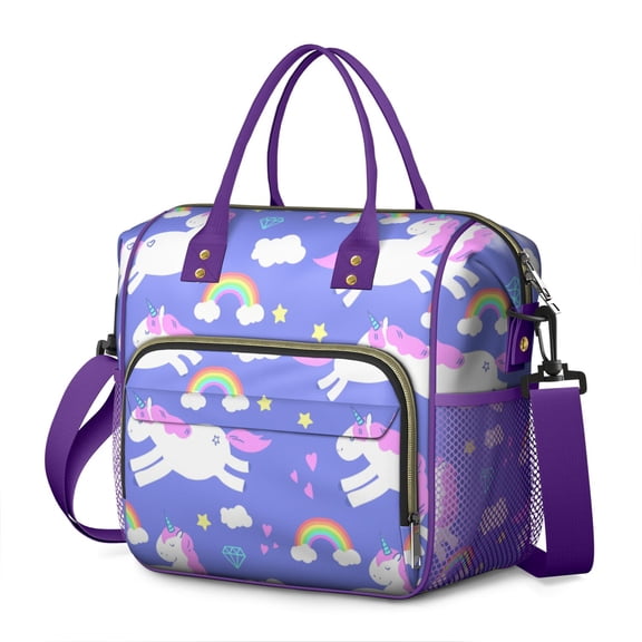 Cute Unicorn and Heart-shaped Pattern Lunch Bag, Magical Insulated Cooler Tote with Mythical Horse and Floral Prints, Leakproof Lunch Box for School or Office