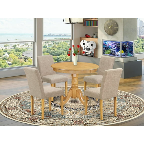 East West Furniture ANAB5-OAK-04 5Pc Round 36" Table and 4 Parson Chairs With Oak Leg and Linen Fabric Light Fawn Finish